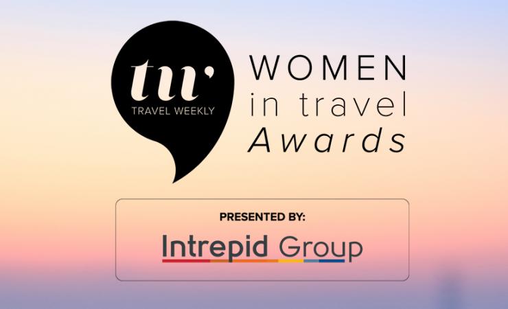 Women in Travel Awards Banner with pink and purple gradient background