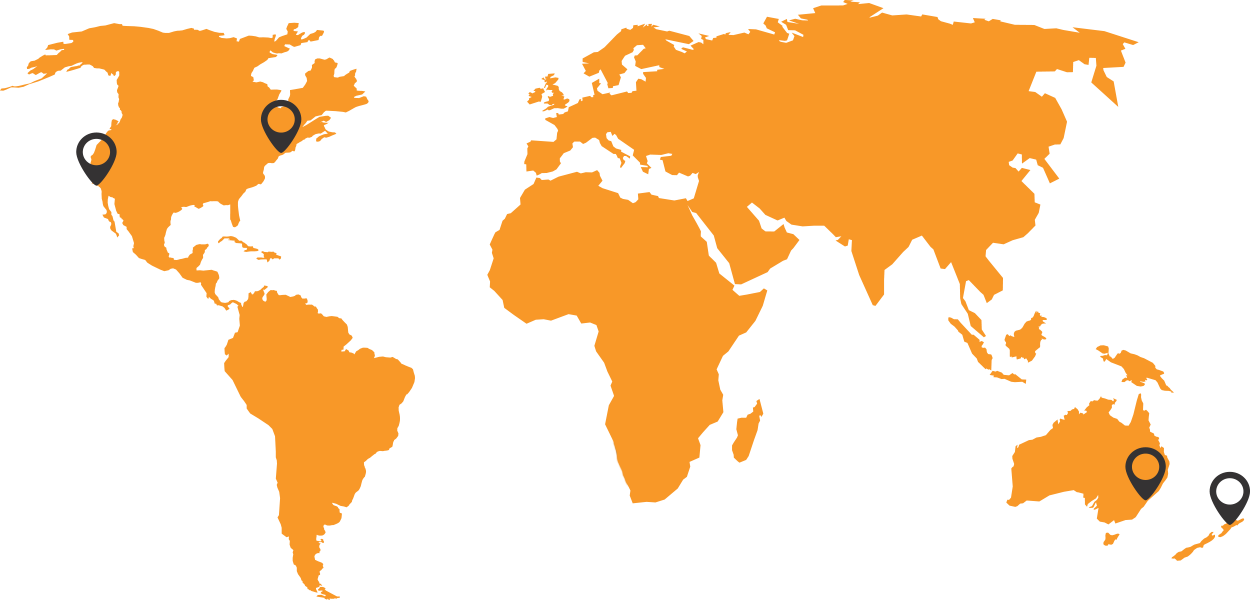 Orange map of the world with location pins in Australia, New Zealand, USA and Canada