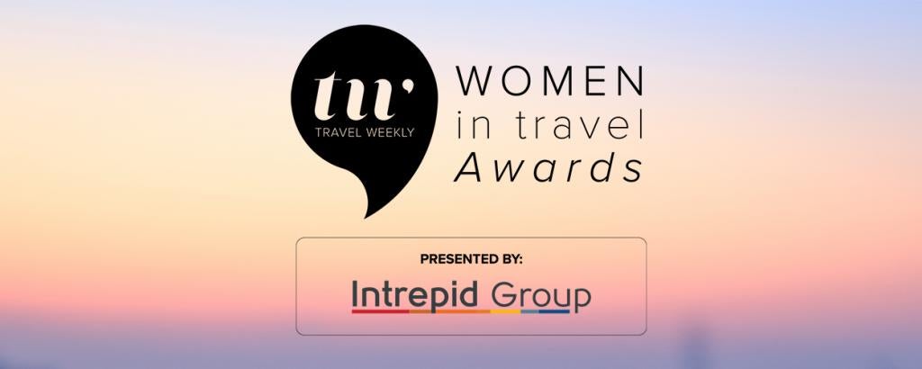 Women in Travel Awards Banner with pink and purple gradient background