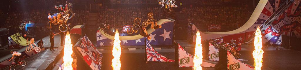 Landscape shot of Nitro Circus with flames