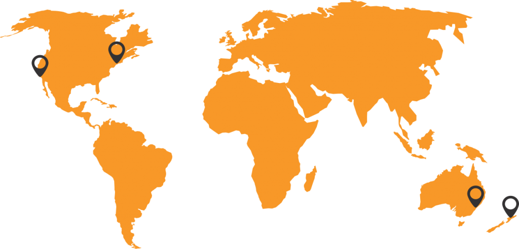 Orange map of the world with location pins in Australia, New Zealand, USA and Canada